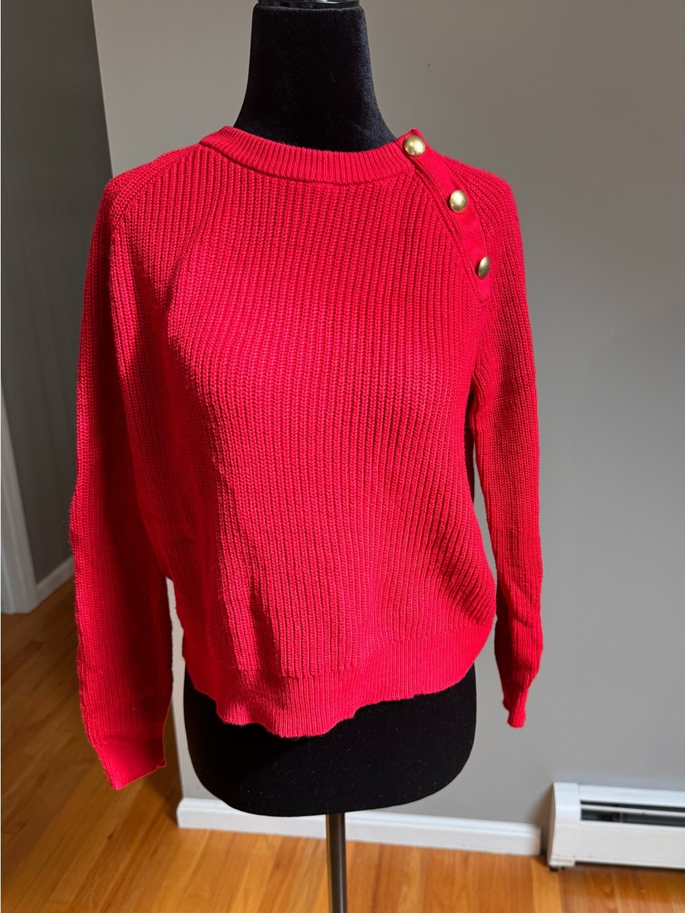 J. Crew Red Crewneck Sweater with Gold Shoulder Buttons